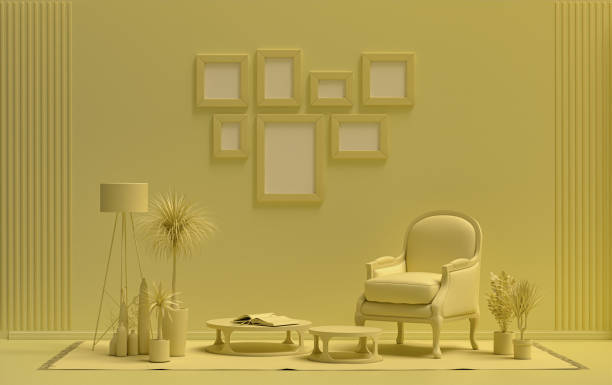 istock Mock-up poster gallery wall with 7 frames in solid pastel light yellow room 1414876402