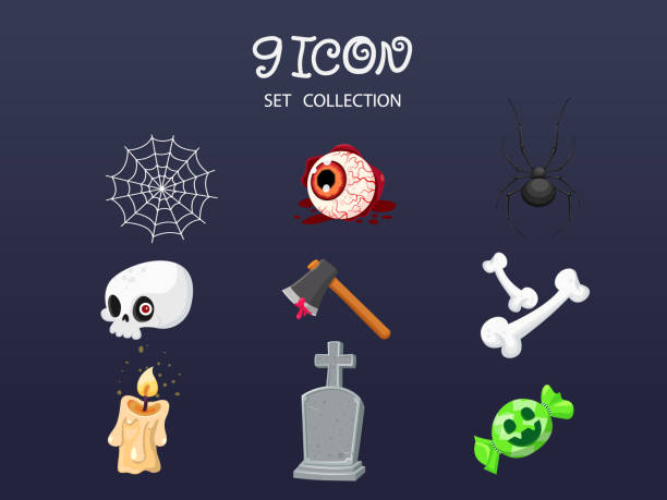 Halloween Icon Set Collection. Concept Cartoon Halloween Day Elements. Vector Illustration For Holiday Halloween Icon Set Collection. Concept Cartoon Halloween Day Elements. Vector Illustration For Holiday. Halloween characters collection funeral background images stock illustrations