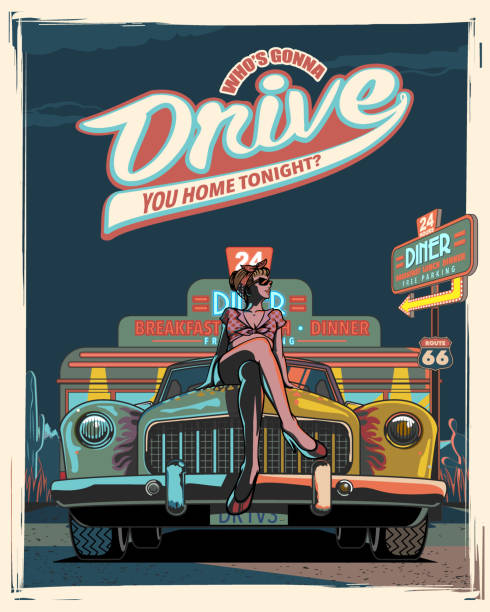 Rockabilly Baby at night illustration Rockabilly Baby at night illustration. Vintage style poster illustration woman driving car night stock illustrations