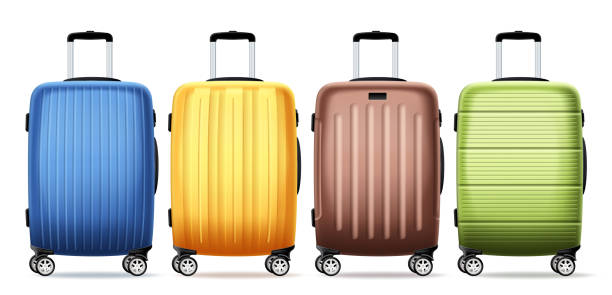 Travel bag luggage vector set design. Travelers 3d baggage collection for vacation trip elements Travel bag luggage vector set design. Travelers 3d baggage collection for vacation trip elements in white isolated background. Vector Illustration. wheeled luggage stock illustrations