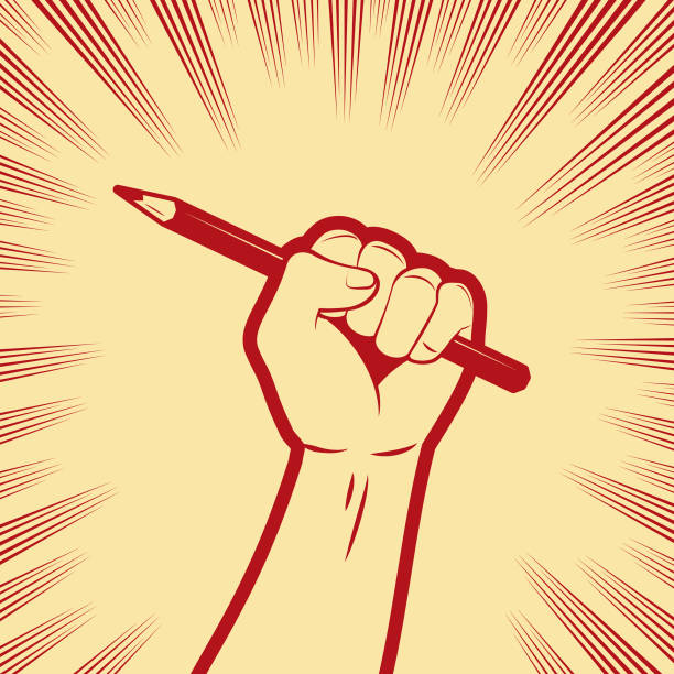 One strong fist holding a pencil Design Vector Art Illustration.
An original illustration of a strong fist holding a pencil in a vintage propaganda style, with a background with comic effects lines. pencil tip stock illustrations