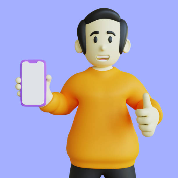 istock Stylized 3D Character Holding Mobile Phone with Thumbs Up 1414892398