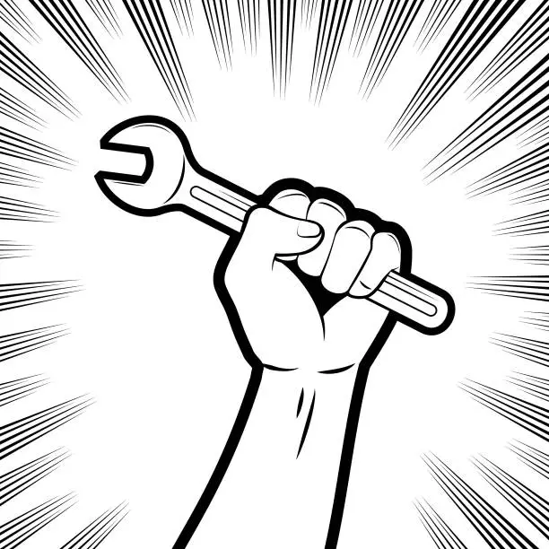 Vector illustration of One strong fist holding a wrench