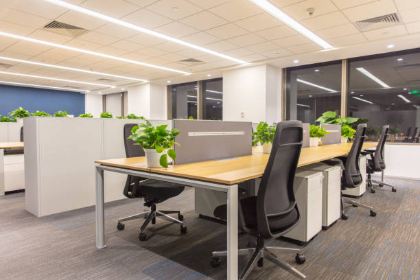 istock Green plants and armchairs in modern office interior 1414897703