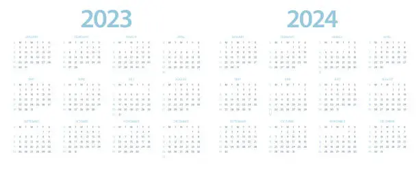 Vector illustration of Calendar 2023, calendar 2024 week start Sunday corporate design planner template.