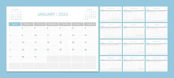 Vector illustration of Calendar 2023 week start Sunday corporate design planner template.