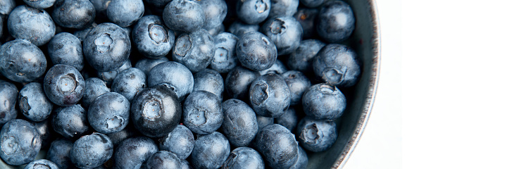 Fresh blueberry on neutral background. Vegan and vegetarian concept. Top view, copy space, panorama,