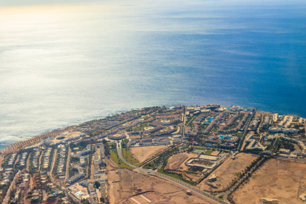 Aerial view on the Red sea and Sharm El Sheikh city, Egypt. View from airplane stock photo