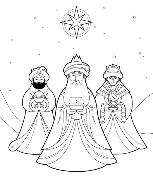 ilustraciones, imágenes clip art, dibujos animados e iconos de stock de los reyes magos bajo el dibujo de la estrella de belén para colorear - reyes magos