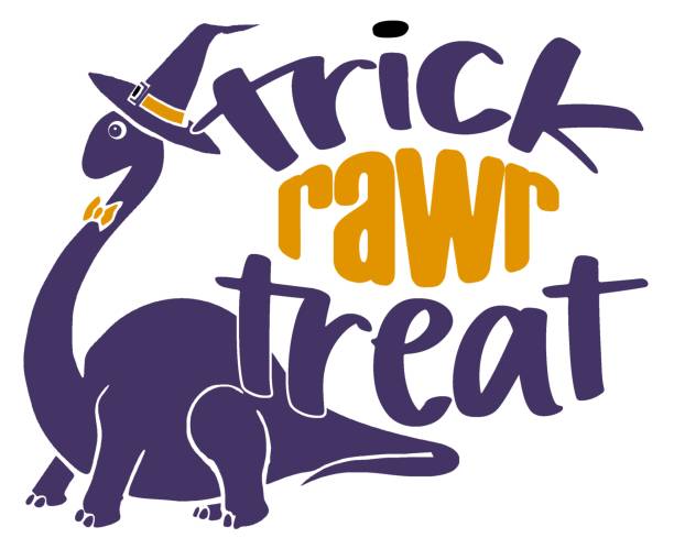 funny dinosaur with witch hat, trick rawr treat This cut file features an adorable brontosaurs with the text trick rawr treat. dinosaur rawr stock illustrations
