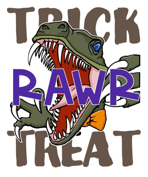 velociraptor bearing teeth - trick rawr treat This cut file features a open mouthed velociraptor accompanied by the text trick rawr treat. dinosaur rawr stock illustrations