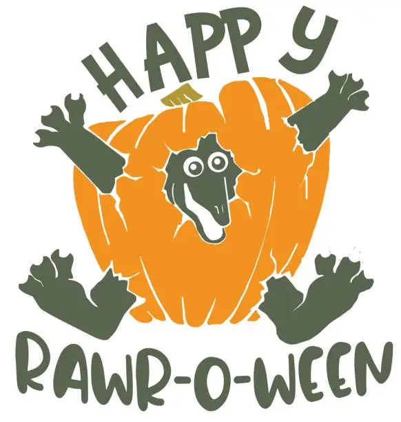 Vector illustration of dino breaking out of a pumpkin - happy rawr-o-ween