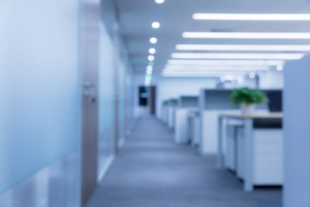 istock Empty office interior with filing cabinets, desk chairs and plants, blurry defocused effect 1414900563