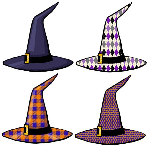 cartoon set a hexenhüte in verschiedenen mustern - witchs hat stock-grafiken, -clipart, -cartoons und -symbole