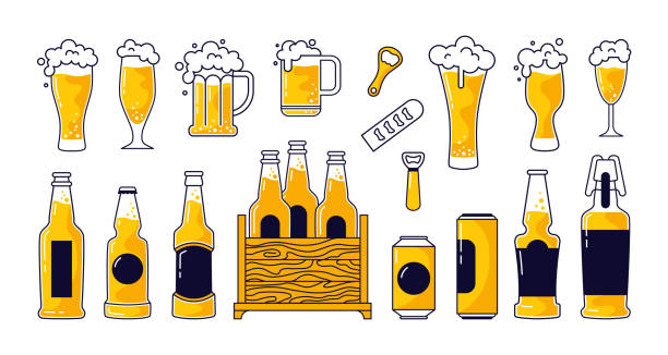 ビールのガラスパイント。フロスアルコール飲料、クラフトフォームバレルまたは醸造所の落書きマグカップアイコン、オクトーバーフェストフェスティバルラベル。エールとラガー、異な� - drink alcohol summer celebration点のイラスト素材／クリップアート素材／マンガ素材／アイコン素材