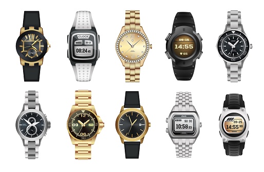 Hand watch. Digital or mechanical wristwatches. Realistic clocks for man and women with expensive gold bracelets and modern straps. Time measurement. Chronographs or smartwatches. Vector timepiece set