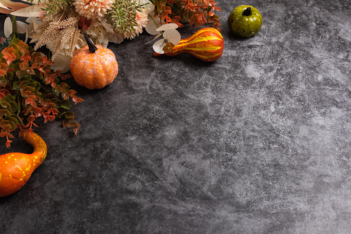 Autumn festival composition and Happy Thanksgiving Day or Halloween background. Gray concrete table decorated with pumpkins fall flowers and leaves