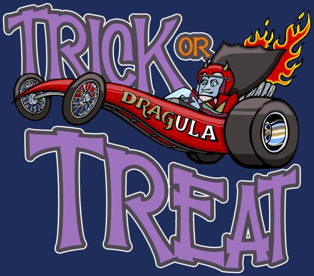 cartoon dracula fährt einen rennwagen - süßes oder sauress - lustige auto zitate stock-grafiken, -clipart, -cartoons und -symbole