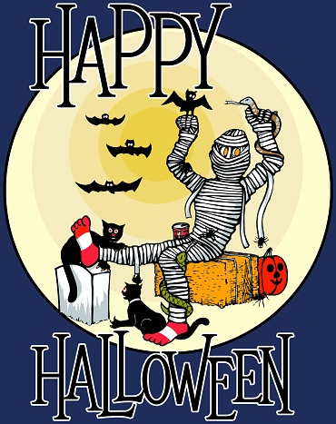 This design features a cartoon mummy in front of a yellow moon with a whole bunch of critters with the text happy halloween.