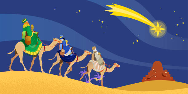 Three Wise Men on a journey to Bethlehem The three wise men, Magi, three Kings, Melchior, Caspar and Balthasar, riding camels following the star of Bethlehem. Epiphany celebration vector illustration. Episode of Bible. christmas three wise men camel christianity stock illustrations