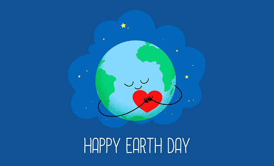 Happy Earth Day celebration vector illustration. Concept of loving Earth and Nature, Ecology, protection of world environment and nature. Earth planet with cute smiling face.