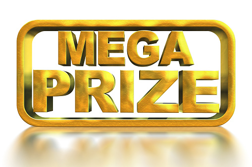 Letters mega prize isolated on a white background. Gold volumetric inscription mega prize gold for smartphone games and slot machines or casinos. Lettering for message notification. 3D illustration