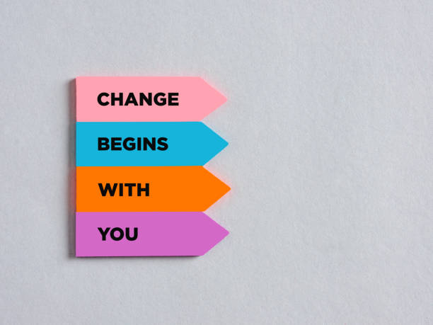 istock Colorful arrow shaped stickers with the message change begins with you. 1414909886