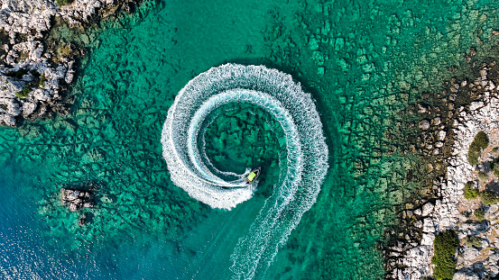 Aerial view of a speed boat in Antalya-Kekova.