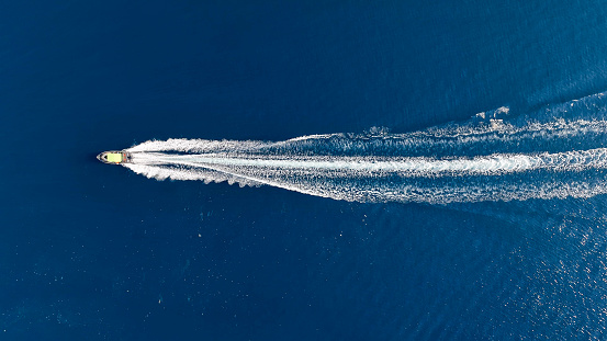 Aerial view of a speed boat in Antalya-Kekova.