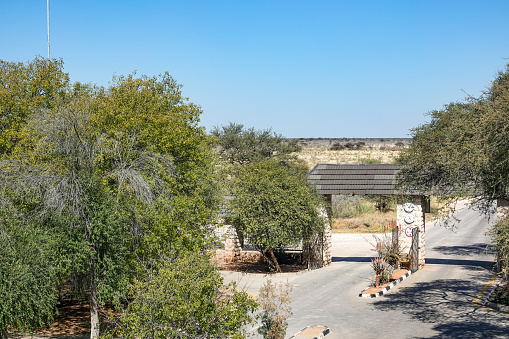 The entrance gate to Okaukuejo Rest Camp at Etosha National Park in Kunene Region, Namibia