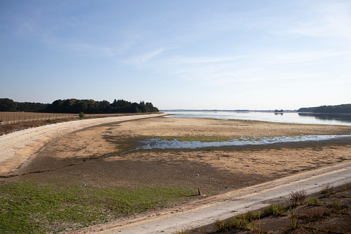 Hanningfield Reservoir in Essex with water at a very low level. Photo taken August 14, 2022 - two days after an official drought status was declared for the East of England.