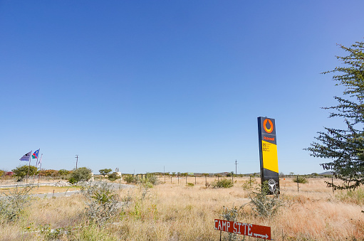 Petrosol Gas Station near Etosha National Park in Kunene Region, Namibia, with a commercial logo visible.