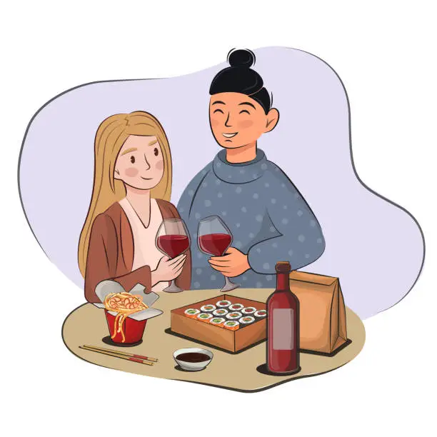 Vector illustration of young couple friends a asian guy and a blonde Slavic girl on a date meeting in a cafe restaurant eat sushi and drink wine. non-traditional lgbt family  flat vector stock isolated on white