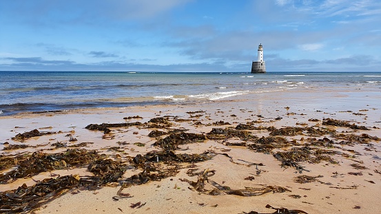 Low tide reveals seaweed covered rocks on Hunstanton beach.