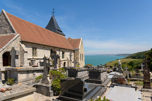 Varengeville sur Mer, France - July 16, 2022: The Church of St Valery on top of the Ailly cliffs, sunny day in summer