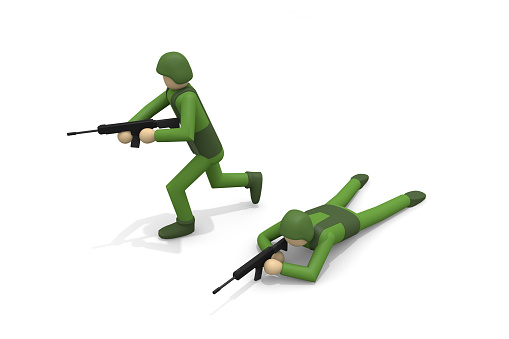 attack the enemy army. military invasion. the scene of war. A soldier with a weapon. soldiers fighting. 3D rendering