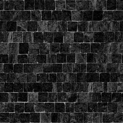 Tightly arranged square black stones creating a uniform compact surface. Paving stones, wall decor surface with realistic raw uneven textured effect - seamless pattern illustration background