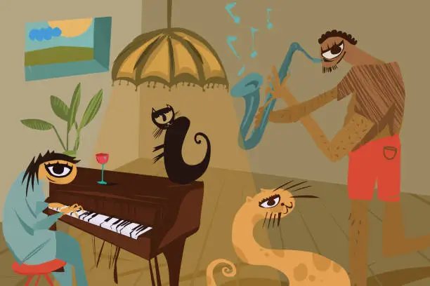 Vector illustration of Cats enjoy listening to jazz music