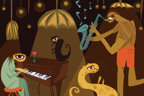 Night club where jazz music is played Concept of Night club where jazz music is played. Cats enjoy listening to jazz music lifestyle backgrounds audio stock illustrations