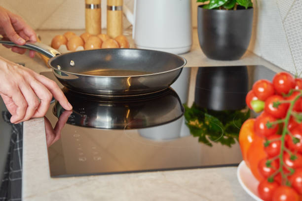 istock Woman turn on induction hob with frying pan 1414924680