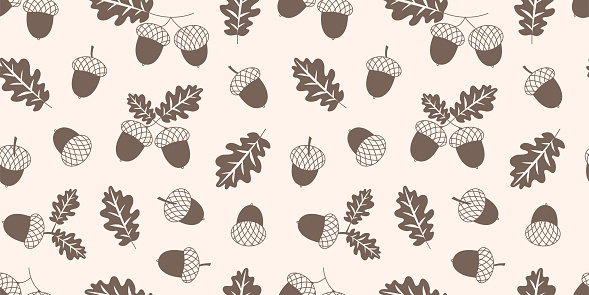 Acorn vector seamless pattern, brown autumn background, fall oak leaves texture. Nature illustration