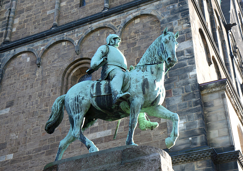 Prague, Czech - June 9, 2023: Statue of St. George and Dragon in coutyard of St. Vitus Cathedral in Prague Castle.