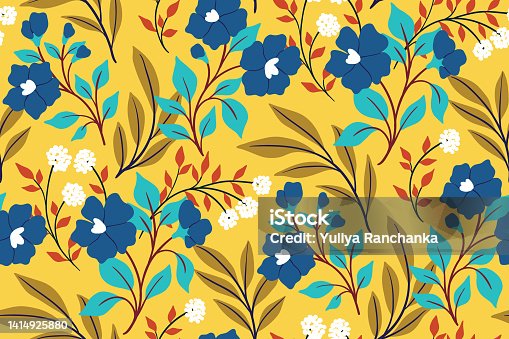 istock Seamless pattern, autumn floral pattern with wild plants, small blue flowers, leaves, herbs on a yellow background. Vector. 1414925880