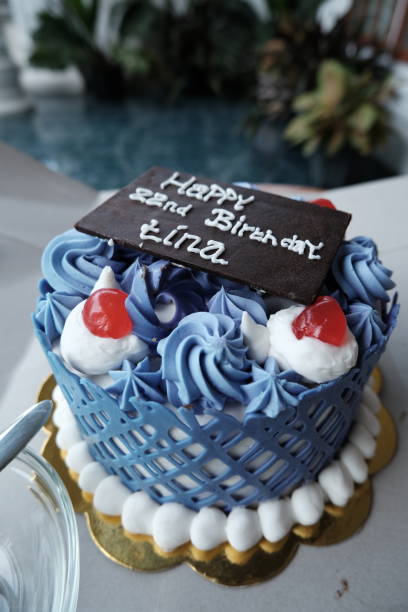 istock A purple birthday cake is placed on a table and photographed vertically 1414925894