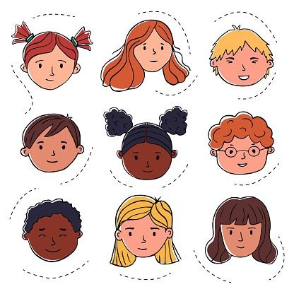 Hand drawn doodle human faces. Color portraits of boys and girls of different nationalities on a white background. Vector