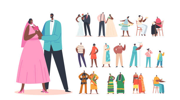 Set of African Characters, Black Newlywed Couples, Children, Modern and Traditional Authentic Pairs, Kids, Men and Women Set of African Characters, Black Newlywed Couples, Children, Modern and Traditional Authentic Pairs. Men and Women Eating, Nurse with Blood Bag, Kids Playing, Fun. Cartoon People Vector Illustration hoops wedding stock illustrations