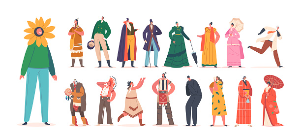 Set of People in Theatrical Costumes. Male and Female Characters Kids and Adults Wear Suits of Sunflower, Crazy Professor, Victorian Lady or Gentleman, Indian, Geisha. Cartoon Vector Illustration