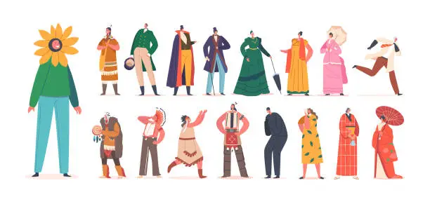 Vector illustration of Set Of People In Theatrical Costumes. Male And Female Characters Kids And Adults Wear Suits Of Sunflower, Professor