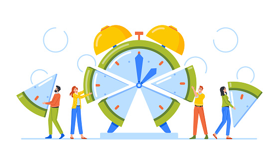Time Management, Allocation Concept. Business People Manage Limited Time To Optimize Outcome, Project Efficiency And Productivity, Characters Cut Clock Face on Slices. Cartoon Vector Illustration