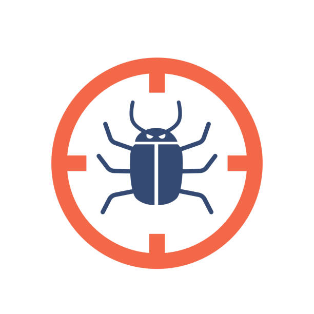 Bug inside of Red Circle Isolated on White Background. Hacker Attack, Virus, Malware Attention, Pest Control Symbol Bug inside of Red Circle Isolated on White Background. Hacker Attack, Virus, Malware Attention, Pest Control Symbol, Blackmail. Virtual Cyber Security and Spam Concept. Cartoon Vector Illustration computer worm computer bug cartoon stock illustrations